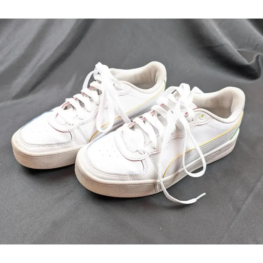 Puma 6.5 Women's / 5 Girls Shoes White w Rainbow Tag and Stripes